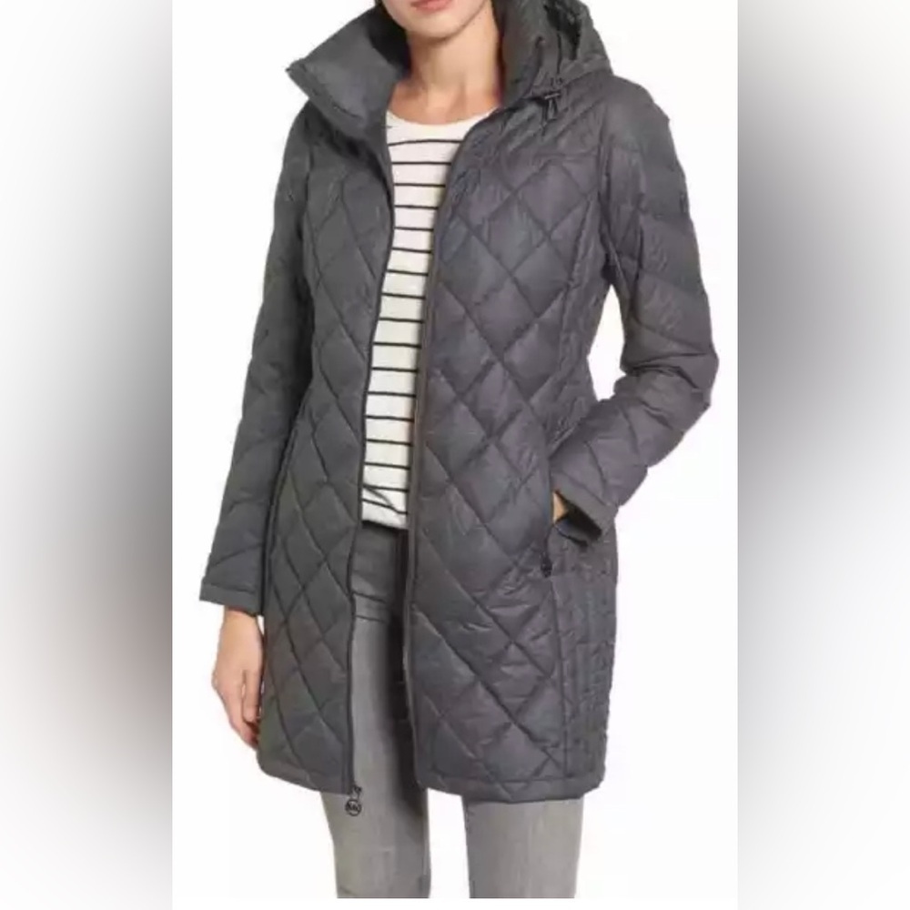 Michael Kors Lightweight Diamond Quilted Down Full Puffer Jacket Coat S Grey